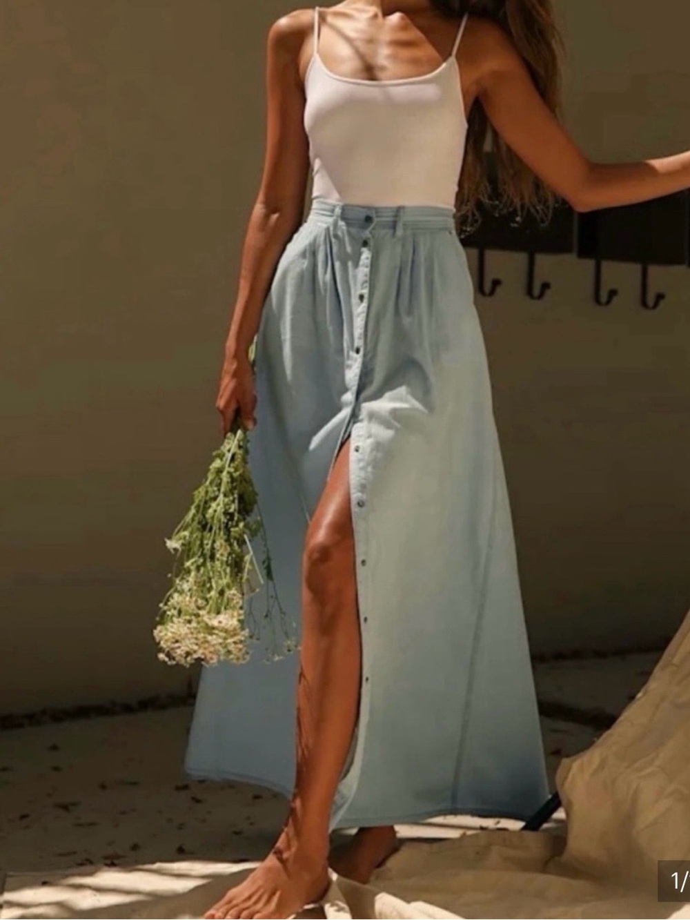 Pistola Baez blue chambray maxi skirt featuring a front snap-button placket Sz L